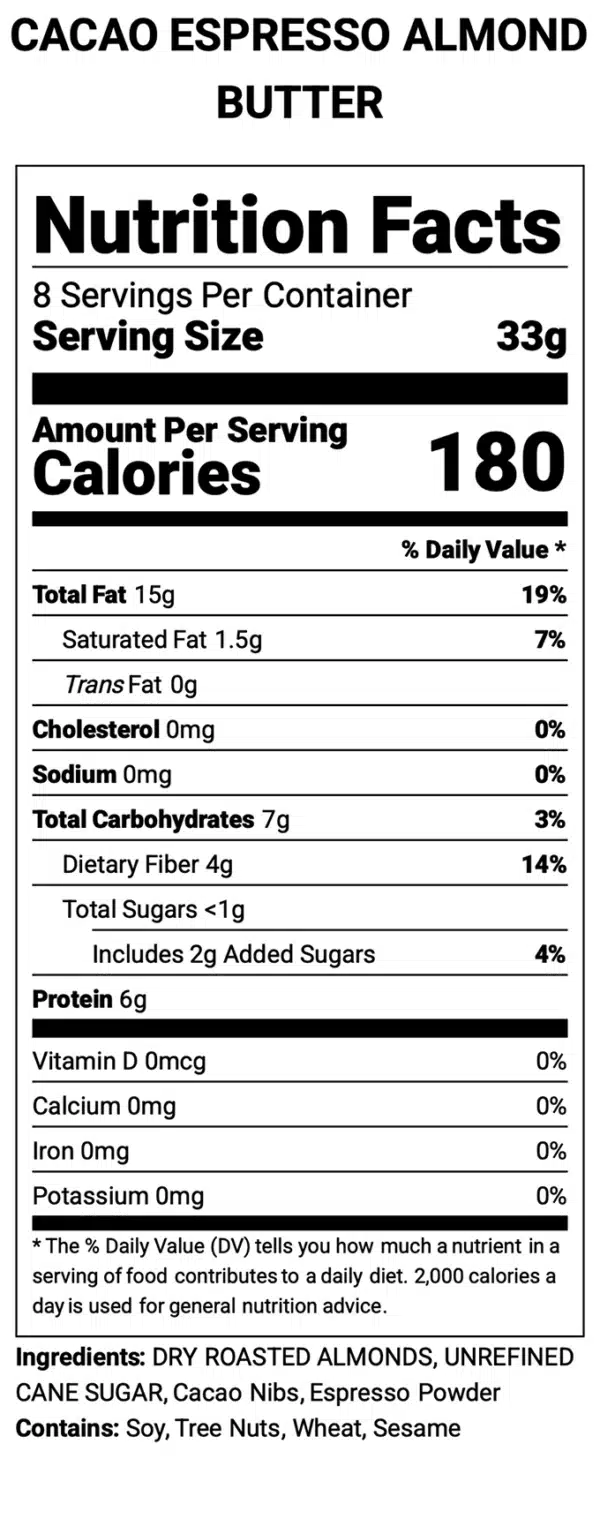 nutritional information for cacao and espresso almond butter